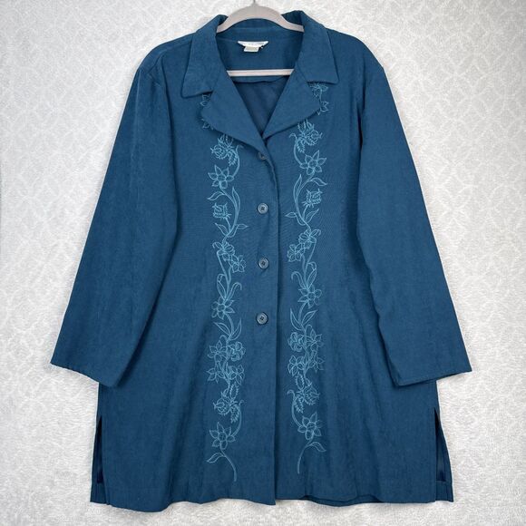 Susan Graver Faux Suede Duster Jacket Womens XL/1X? Teal Embroidered Floral Boho - Picture 1 of 9